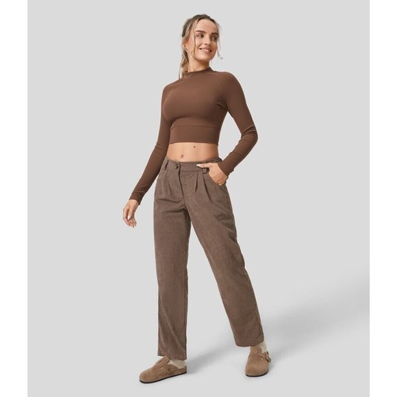 NWT Halara Mid Rise Button Zipper Side Pocket Corduroy Pants Cocoa Brown Size L - Picture 1 of 16